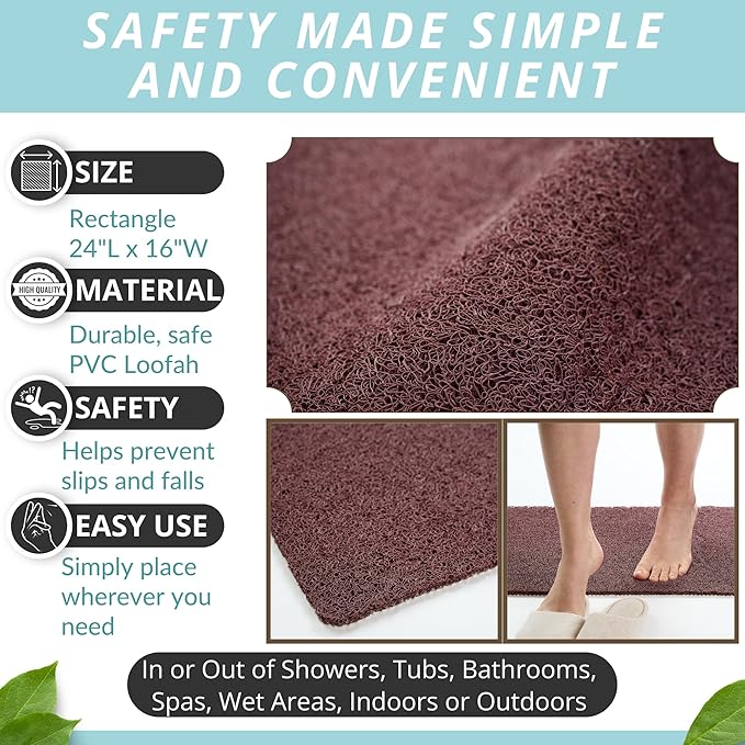 ENKOSI Loofah Non-Slip Shower Mat & Bath Mat – Soft Cushioned Comfort – No Suction Cups for Textured Tubs – Fast Draining Safety for Inside Shower, Family & Elderly (24x16 Brown)