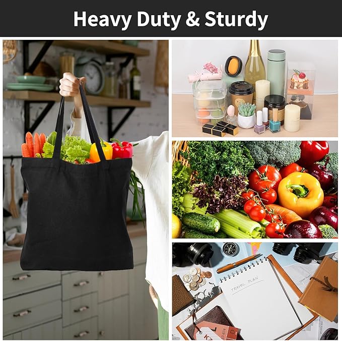 Segarty Black Canvas Tote Bag, 3 Packs 16x15 inch Canvas Bags with Zipper, 12Oz Heavy Duty Reusable Washable Grocery Shopping Bag with Handle, Blank Cotton Bags for Kids DIY Crafts Painting Bulk