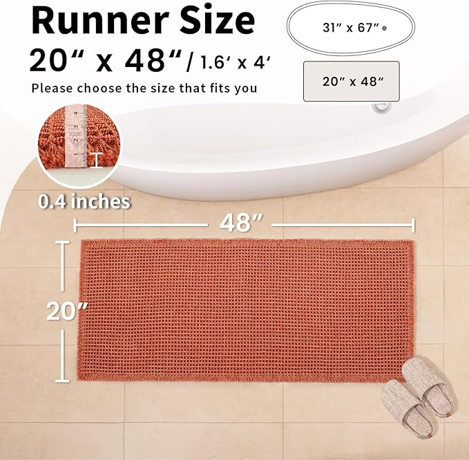 Waffle Bath Mat - Boho Bathroom Rugs Non Slip Washable, Super Absorbent & Quick Dry, Soft Bath Mat Farmhouse Bathroom Decor, 20'' x 48'', Dirty Orange