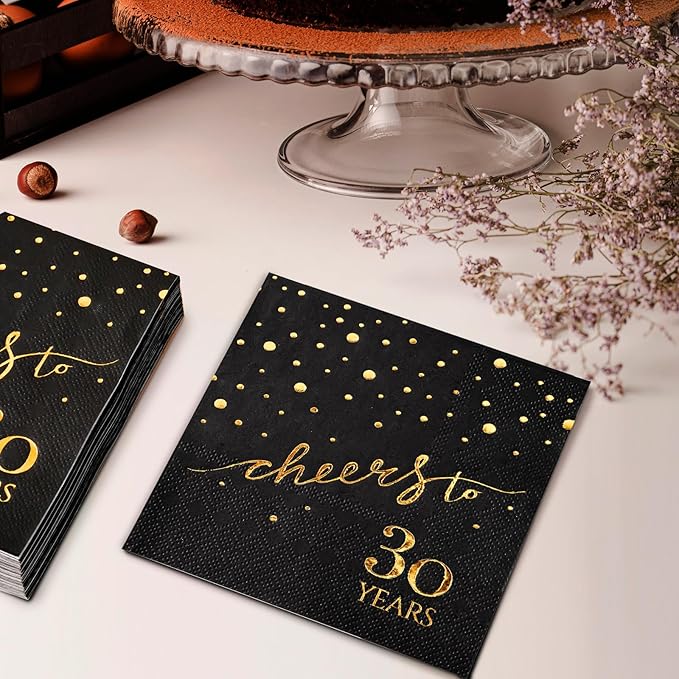 100 Pack of 30th Birthday Napkins, Cheers to 30 Cocktail 5x5 Inches Party Paper Napkins for Birthday Decorations Wedding Anniversary Black and Gold, 3-Ply