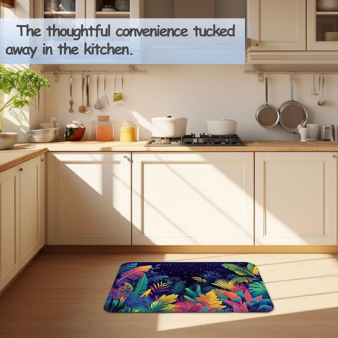 Tropical Colorful Leaves Bathroom Rug 29.5"x17", Super Absorbent Fast Drying Bath Mat with Non-Slip Rubber Backing, Thin Low-Profile Easy-Clean Bathroom Floor Mat for Shower or Tub