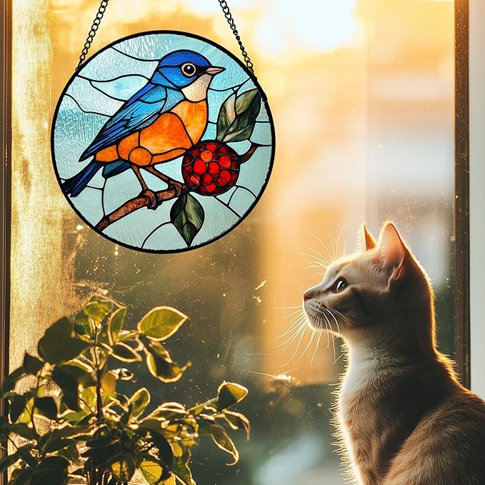 Stained Glass Window Hanging 4 Pcs Set Cardinal Blue Birds 7.8" - Suncatcher Door Garden Sun Catcher Decor Birthday Mother's Day for Bird Lovers Men Woman Nana Friend