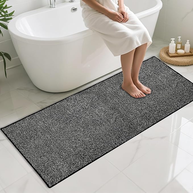 HDFK Bathroom Rugs Runner | Non Slip Washable Bath Mats 60x24 Inches 2 Tone Plush Chenille Medium Pile Floor Mat | Ultra Absorbent Black and White Shower Rug | Long Transition for Wet Dry Zone