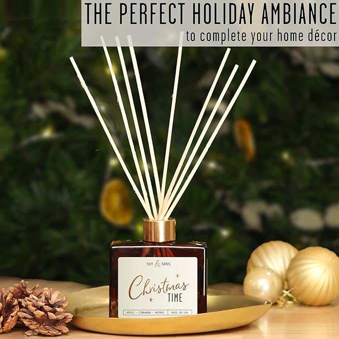Christmas Diffuser, Christmas Reed Diffuser Decor - w/Apple, Cinnamon & Clove I Infused w/Essential Oils I 3.75 OZ Oil I Long-Lasting Scent Lasts 4-6 Month's I Made in The USA