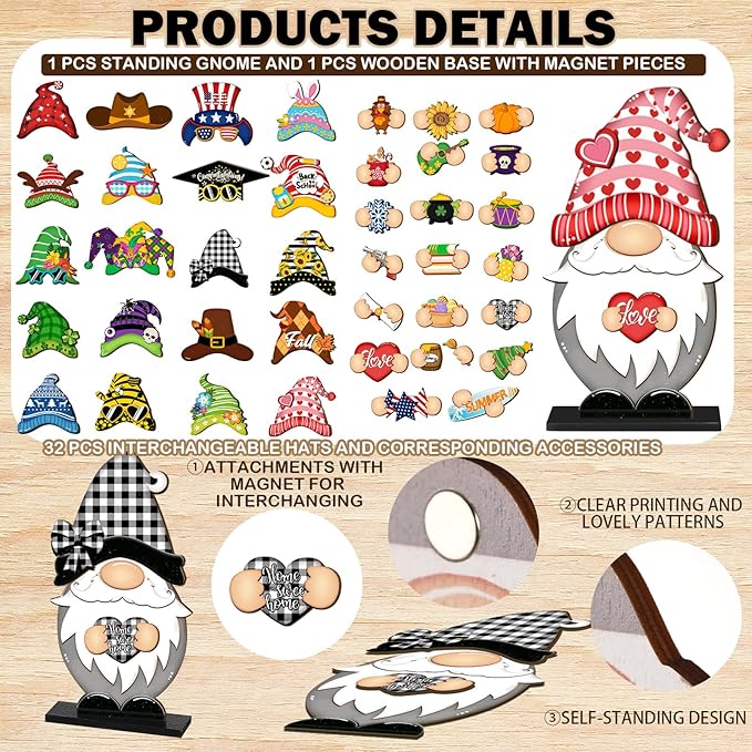 Blulu 34 Pcs Christmas Interchangeable Wooden Gnome Decor DIY Holiday Christmas Seasonal Tiered Tray Decoration Gnomes with Magnet Pieces Welcome Sign for Xmas Holiday Decorations (Classic)