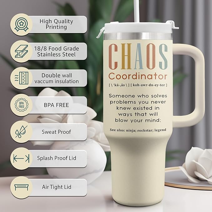 Gifts For Women - Chaos Coordinator Birthday Christmas Mother Day Gift for Mom Sister Best Friend Boss Coworker Manager Teacher Assistant - Funny Gift 40oz Tumbler With Handle & Straw Lid