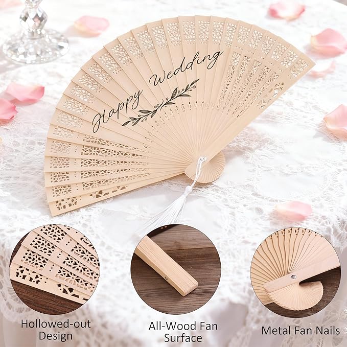 50 Pcs Wedding Fans Engraved Wooden Folding Hand Fans with Organza Bags, Wedding Party Favors for Guests, Bridal Shower & Summer Outdoor Ceremony (Style3,50)