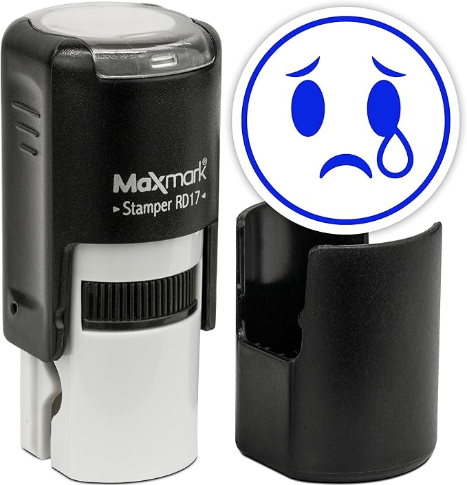 MaxMark Round Self Inking Emoji Stamp - Crying - Blue Ink