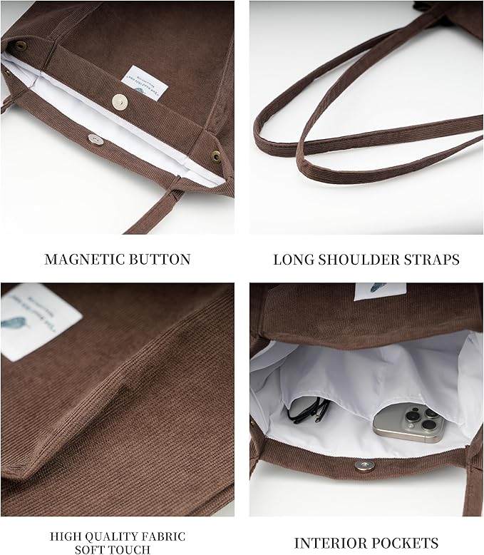 Corduroy Tote Bag Cute Tote Bags for Women Shoulder Bag with Inner Pocket for Work Beach Travel and Shopping Grocery