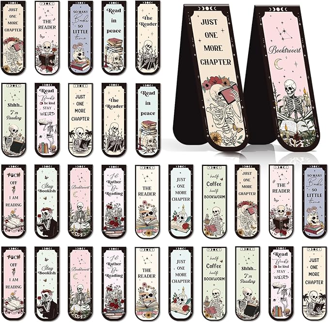 Skeleton Reading Bookmark Magnetic Gift - Wxiben 30 Pcs Gothic Skull Bookmarks Magnetic Floral Skeleton Book Marks Page Magnets Marker Clip for Women Men Students Teacher Book Lovers Bookish