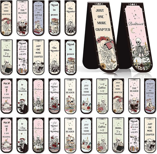 Skeleton Reading Bookmark Magnetic Gift - Wxiben 30 Pcs Gothic Skull Bookmarks Magnetic Floral Skeleton Book Marks Page Magnets Marker Clip for Women Men Students Teacher Book Lovers Bookish