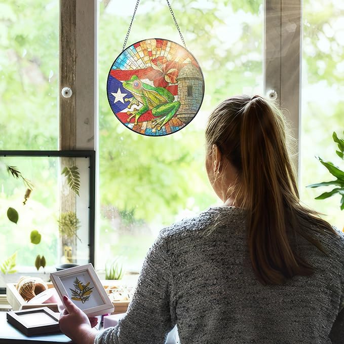 FLAGWIX Puerto Rico Gifts - Stained Glass Window Hanging 8 in for Home Garden Decor - Puerto Rican Gifts for Women Men, Coqui Sun Catchers Indoor Window, House Warming Gift for Mom Dad Friend