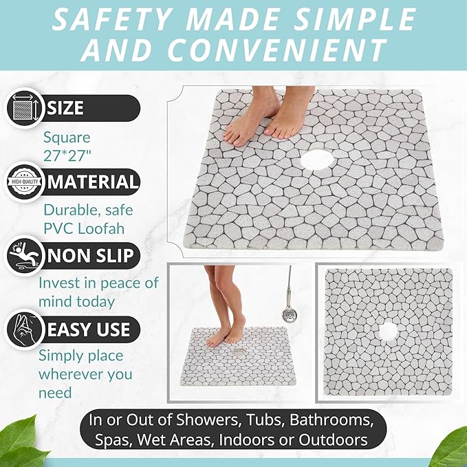 Enkosi Loofah Shower Mat with Drain Hole – Cushioned Anti-Slip Square Bath Mat for Showers, and Bathroom Floors – Textured PVC, Non Slip Safety Pad for Walk-in Stalls and Wet Areas (27x27 Pebble)