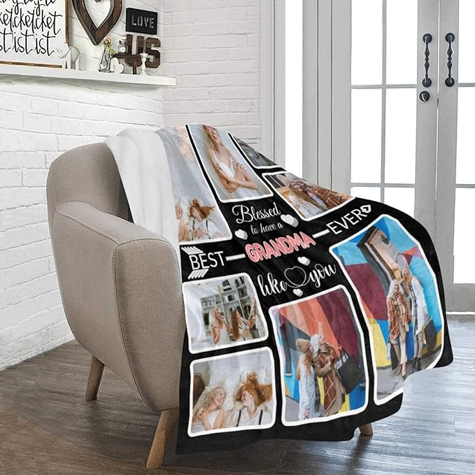 Custom Blanket Gifts for Grandma, Customized Blankets with Photos, Make a Personalized Bed Throws to My Grandma, Custom Souvenir Throw Blanket for Best Grandma Ever, 8 Collages Made in USA