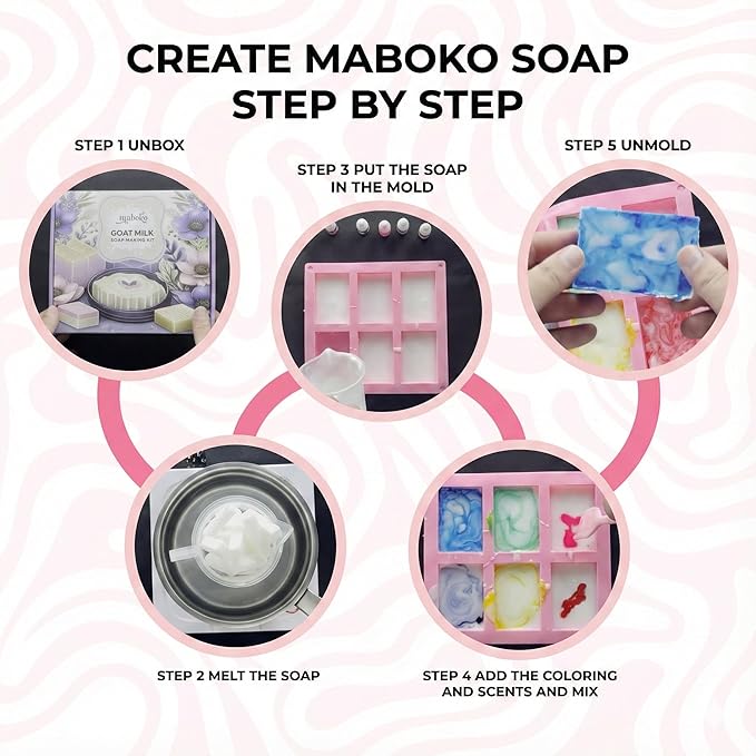 Maboko Goat Milk SOAP Making KIT for Adults – 2lb Pre-Cut Base, 6 Colors, 6 Scents, Silicone Mold, Pitcher & Gift Boxes – All-in-One DIY Soap Kit with Supplies