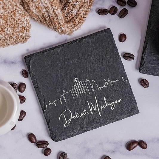 Blue Ridge Mountain Gifts - Detroit MI Skyline Coasters, Set of 4 - Detroit Michigan Souvenir, Slate Coasters with Minimalist Skyline, Housewarming Gift for Friends, Family, & Neighbors