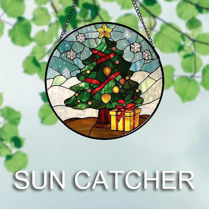 Stained Glass Window Hanging Green Christmas Tree Snowflake 9.8" - Suncatcher Door Garden Sun Catcher Xmas Holiday Decor Birthday for Mom Men Woman Friend Nana