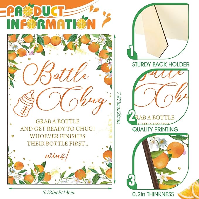 TrelaCo Little Cutie Cool Baby Shower Games Bottle Chug Sign Wooden Orange Theme Gift Sets Gender Reveal Party supplies and 12 Pcs Baby Bottle Shower Favor for Games Gender Reveal