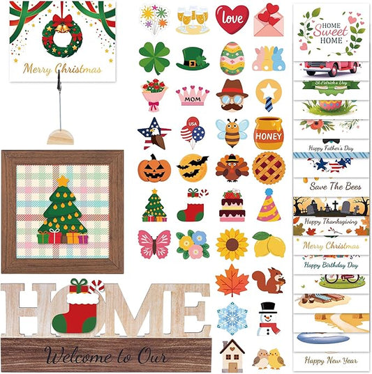48 Pcs Christmas Tiered Tray Decor Interchangeable Seasonal Home Decor Wooden Signs 17 Themes Thanksgiving Tiered Tray Decorations Set Year Round Holiday Decoration for Home