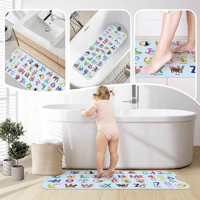 SHUCHING Baby Bath Mat for Tub Non Slip-40 X 16 Inch, Extra Long Kids Bathtub Mat Mold Free, Cartoon Bathtub Shower Mat Anti Slip for Bathroom, Machine Washable, Alphabet