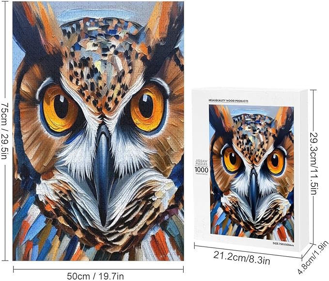 Owl Oil Painting Wooden Puzzle 1000 Pieces Jigsaw Puzzles for Adults Puzzle Educational Toys Challenging Fun Games Gifts for Elders Kids Family and Friends
