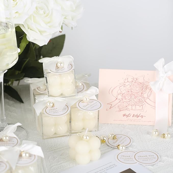 ACITHGL 30 Sets Fully Assembled Small Bubble Candle Party Favors for Guests Bulk Bridal Showers Favors Candles with Stylish Ribbons Thank You Cards Gifts (White)