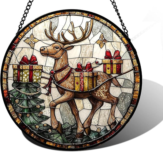 Stained Glass Window Hanging, Christmas Tree Elk Sun Catchers Colorful Glass Panel Retro Suncatcher Decor for Birthday for Women, Men, Wife, Aunt, and Mom 11.8x11.8 in