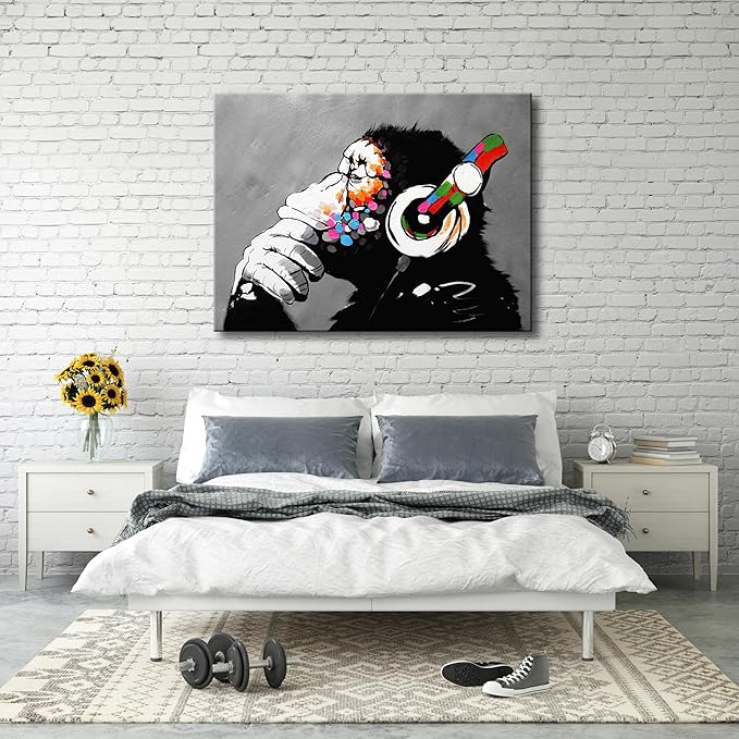 Wieco Art Monkey With Headphones Banksy Graffiti Art Abstract Canvas Painting Posters and Prints Animal Canvas Wall Art for Wall Decor and Home decorations Office Decor