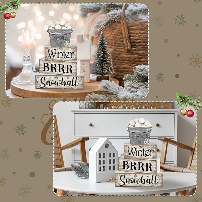 4 Pcs Winter Table Decorations Winter Tiered Tray Decor Christmas Table Centerpiece Rustic Decorative Snowball Snow Bucket Block Sign Farmhouse Christmas Decorations for Home Kitchen Shelf