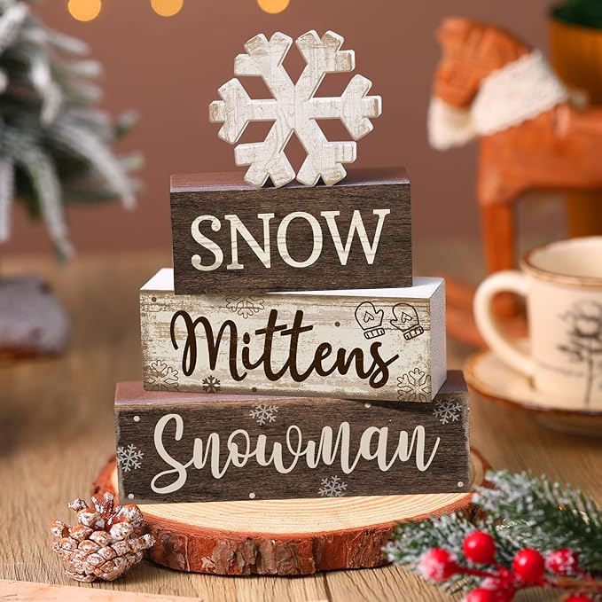 4 Pcs Winter Table Decorations Wooden Snowflake Decor Christmas Tiered Tray Decor Rustic Decorative Snowflake Block Sign Gift Winter Table Centerpiece for Wonderland Party Home Kitchen