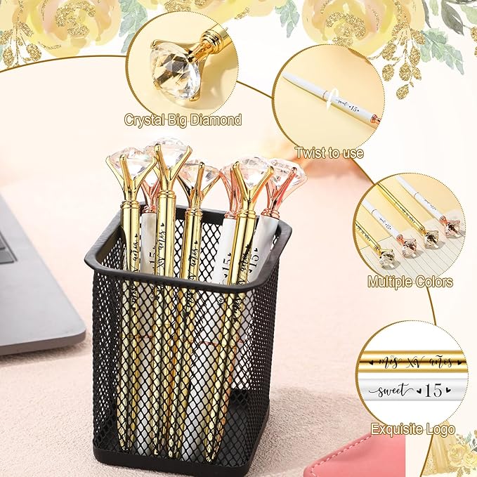 25 Set Quinceanera Party Favors for Guest Sweet 15 Diamond Pens Bulk Mis XV Años Fancy Ballpoint Pen with Thank You Cards and Ties 15th Birthday Thank You Gifts(White, Gold)
