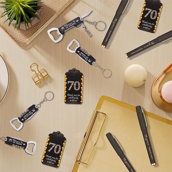 25sets 70th Birthday Party Favors for Guests Including Pens Bottle Opener Keychains Bulk Thank You Cards with Organza Gift Bags for Birthday Anniversary Souvenirs, Cheers to 70 Years