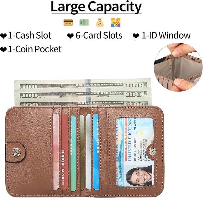 SENDEFN Slim Wallet for Women Bifold Small Leather Zipper Pocket Wallet, RFID Blocking Card Holder with ID Window