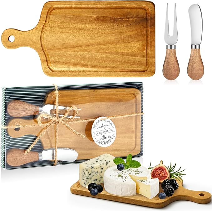 1 Set Bridal Baby Shower Cheese Prizes Wooden Square Board Gift Set Knives Forks Thank You Tags with Box for Guests for Valentines Bridal Baby Shower Housewarming (Teak Wood)