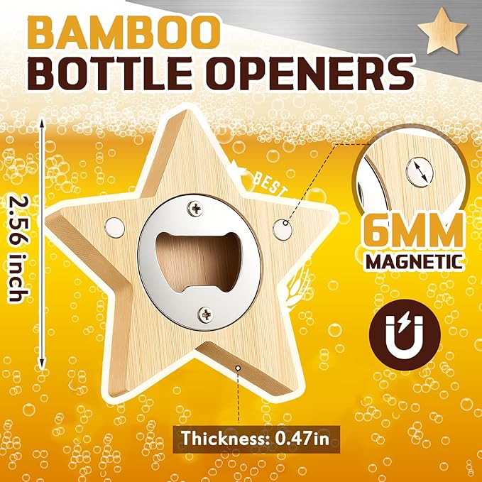 Vesici 24 Pcs Magnetic Bottle Opener 2.5in DIY Bamboo Star Shape Beer Openers Wooden Fridge Magnet Refrigerator Sticker Gift for Beer Lover Wedding Guest Kitchens Bars Parties