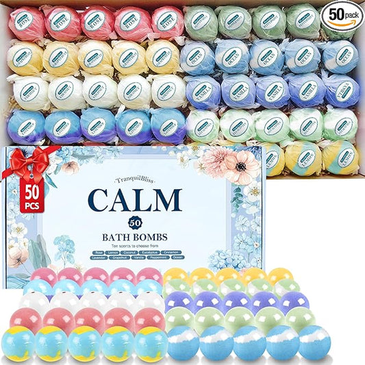 TranquilBliss Bath Bombs Set 50 PCS with 10 Rich Scents, Bath Bombs for Women, Natural Bubble Bombs with Shea Butter & Safe Oil, Ideal for Valentine's Day, Christmas, Birthday, Mother's Day Present