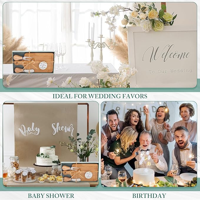 24 Set Bridal Baby Shower Cheese Prizes Wooden Square Board Gift Set Knives Forks Thank You Tags with Box for Guests for Valentines Bridal Baby Shower Housewarming Gifts (Bamboo Color)