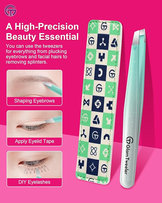 Expert Slant Tip Tweezers with Leather Case, GlamTweeler Sharp & Precision Stainless Steel Tweezer for Eyebrows, Facial Hair and Fine Hairs Removal (Sparkle Mint Green & Silver)