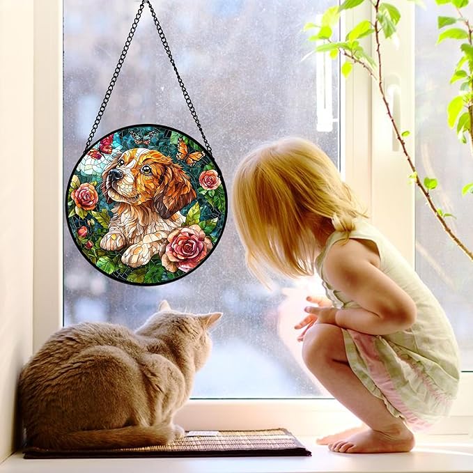 Stained Glass Window Hanging, Dog and Rose Suncatcher for Doors Home Butterfly Sun Catchers Decoration and Christmas, Mother's Day Birthday Gifts for Women, Men, and Mom 11.8x11.8 in