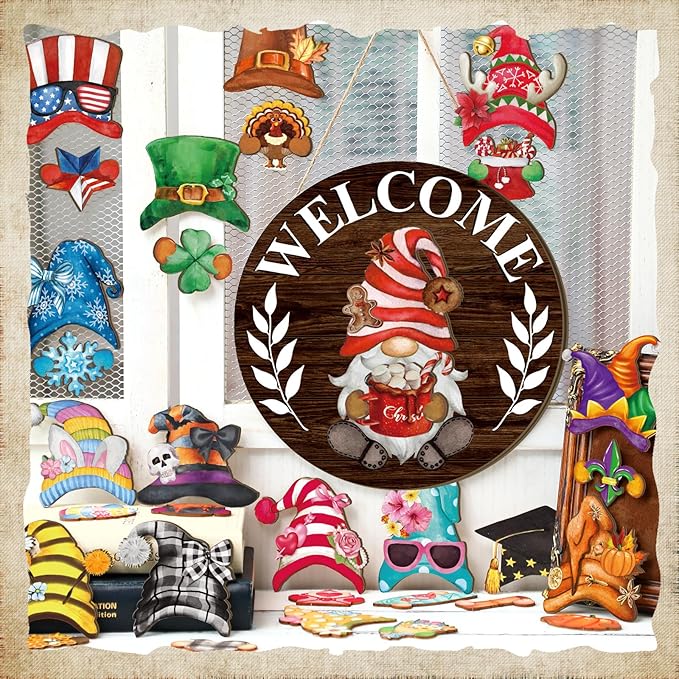 Qunclay Interchangeable Wooden Gnome Decor Holiday Seasonal Gnome Decorations with Magnet Pieces and Detachable Hats Changeable Welcome Sign for Home(Dark Brown)