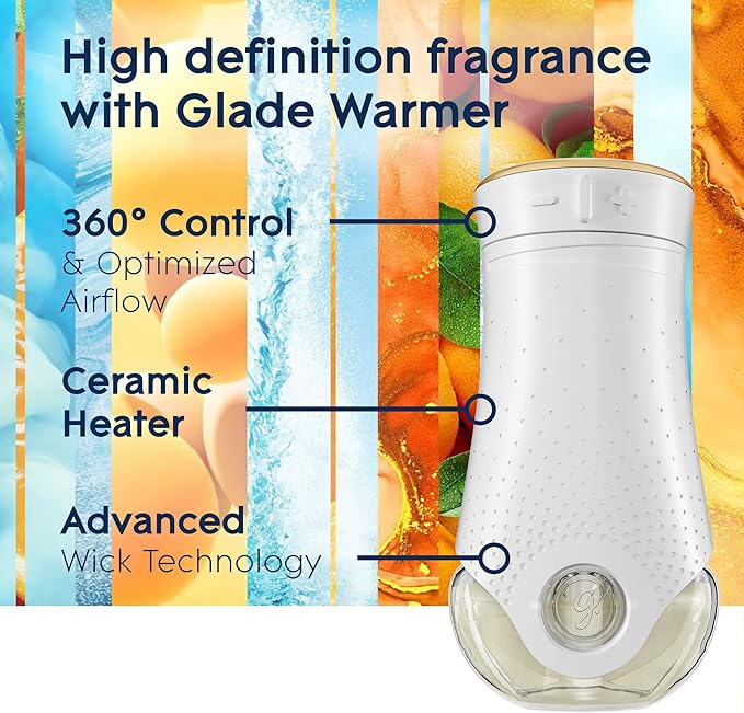 Glade PlugIns Refills Air Freshener Starter Kit, Scented and Essential Oils for Home and Bathroom, Coastal Sunshine Citrus, 4.02 Fl Oz, 2 Warmers + 6 Refills