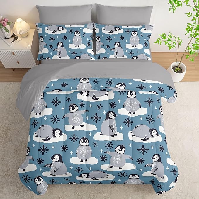 7Pcs Comforter Set Cartoon Penguin Black Snowflakes Printed Bedding Set with 1 Comforter,1 Flat Sheet,1 Fitted Sheet and 4 Pillowcases for Boys and Girls Bedroom All Season(Twin)