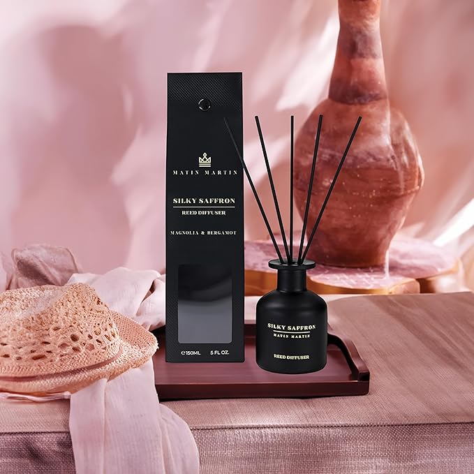 Matin Martin Silky Saffron Reed Diffuser 5 oz - Luxury Aromatherapy with Magnolia, Bergamot - Home Decor Gift for Bedroom, Office, Living Room, Bathroom - Long-Lasting Scent - Premium Fragrance Sticks