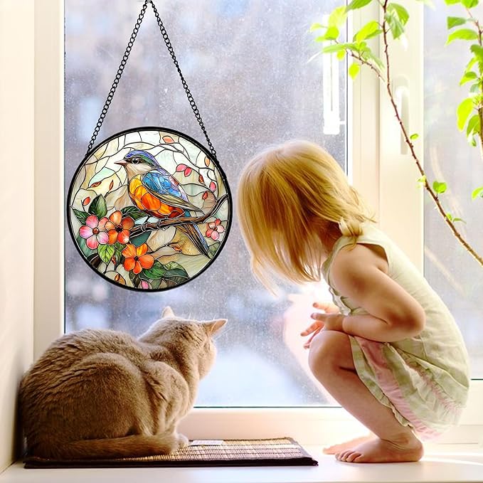 Stained Glass Window Hanging, Blue Bird Pink Flower Suncatcher Diamond Glass Panel Bird Sun Catchers Decor for Birthday for Women, Men, Wife, Aunt, and Mom 9.8 in
