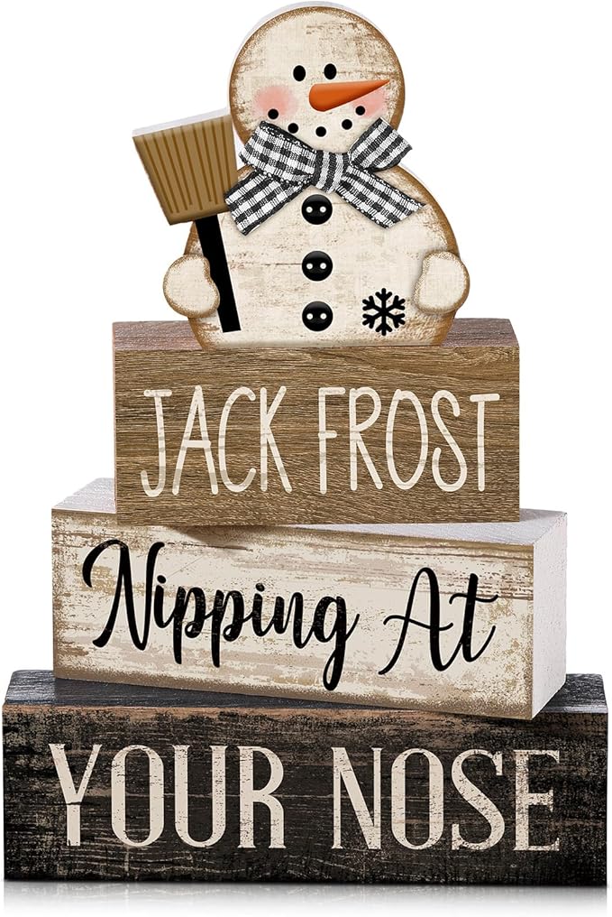 4 Pcs Winter Table Decor Wooden Snowman Black and White Winter Tiered Tray Decor Rustic Decorative Snowman Block Sign Gifts Christmas Centerpiece Rustic Christmas Decorations for Home Kitchen
