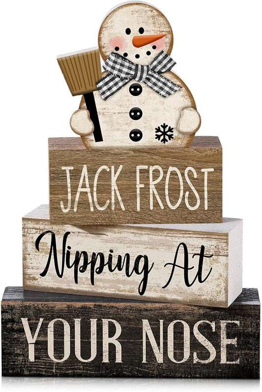 4 Pcs Winter Table Decor Wooden Snowman Black and White Winter Tiered Tray Decor Rustic Decorative Snowman Block Sign Gifts Christmas Centerpiece Rustic Christmas Decorations for Home Kitchen