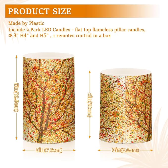 ALAZA Autumn Fall Tree Flickering Flameless Candles Battery Operated with Remote Timer,Tea Light Candles LED Pillar Votive Candles Set of 2 for Outdoor Indoor Decorations