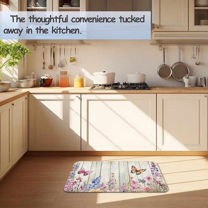 Bathroom Rug 29.5"x17",Wood Board Butterfly Flowers Super Absorbent Fast Drying Bath Mat with Non-Slip Rubber Backing, Thin Low-Profile Easy-Clean Bathroom Floor Mat for Shower or Tub