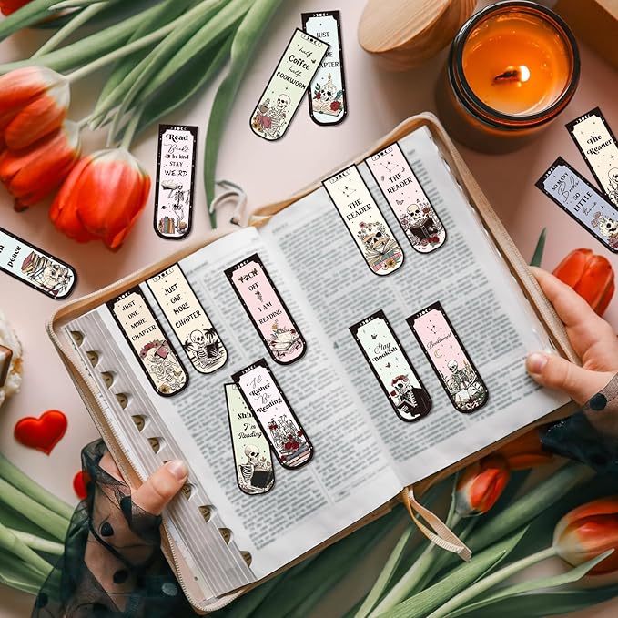Skeleton Reading Bookmark Magnetic Gift - Wxiben 30 Pcs Gothic Skull Bookmarks Magnetic Floral Skeleton Book Marks Page Magnets Marker Clip for Women Men Students Teacher Book Lovers Bookish