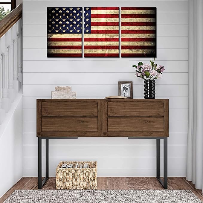American Flag Retro Paintings Red Blue Stripes Pictures for Living Room Patriotic Artwork 3 Panel Prints Wall Art on Canvas Modern Home Decorations Framed Gallery-Wrapped Ready to Hang(42''Wx20''H)